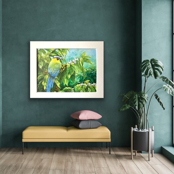 8x10" Colombia Cafe Quindio Art Print (w/mat): Andean Motmot (Barranquero)- HOME - Picture 2 of 6